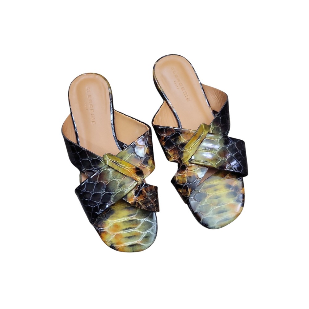 Clergerie Itou Python Leather Criss Cross Slide Sandals Green Yellow 37(US 6.5)